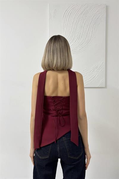Şal Detaylı Straplez Korse Bordo Bluz