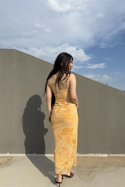 Sarı Lotus Şifon Uzun Elbise 