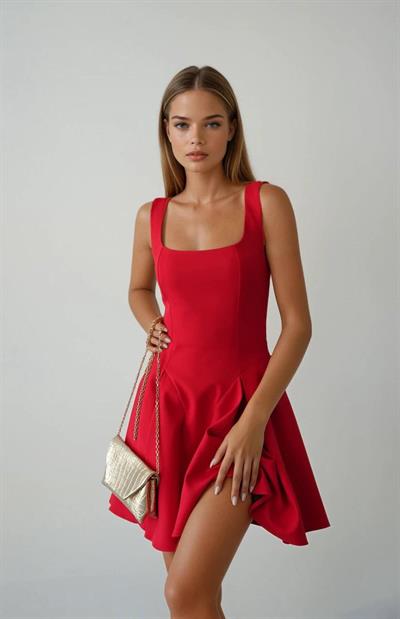 Shayla Kare Yaka Kloş Etekli Elbise Kırmızı