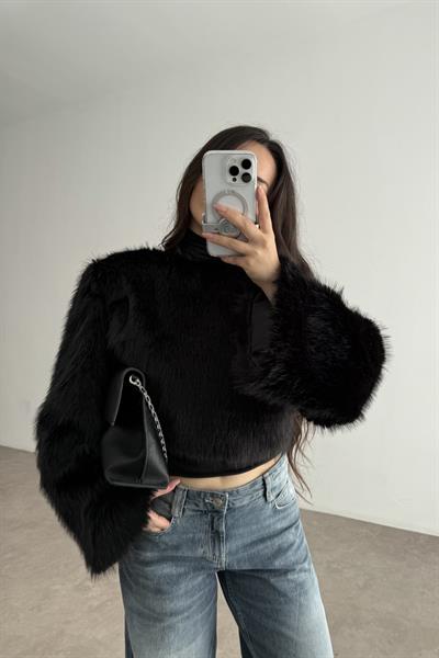 Sıfır Yaka Geniş Kollu Kürk Bluz Siyah