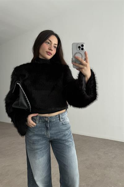 Sıfır Yaka Geniş Kollu Kürk Bluz Siyah