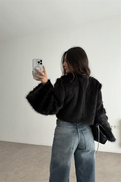 Sıfır Yaka Geniş Kollu Kürk Bluz Siyah