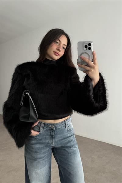 Sıfır Yaka Geniş Kollu Kürk Bluz Siyah