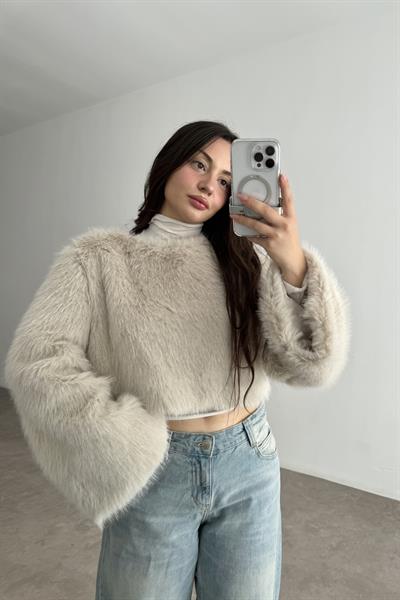 Sıfır Yaka Geniş Kollu Kürk Bluz Taş