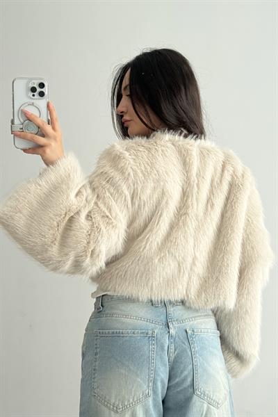 Sıfır Yaka Geniş Kollu Kürk Bluz Taş