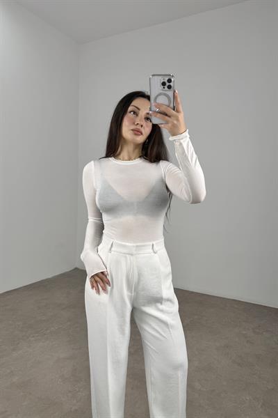Sıfır Yaka Soft Kumaş Yarı Transparan Beyaz  Body
