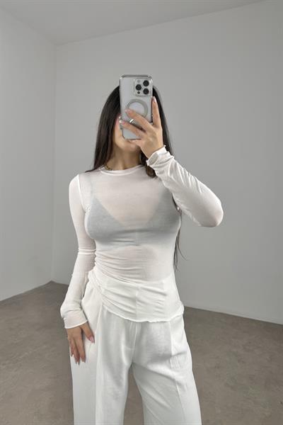 Sıfır Yaka Soft Kumaş Yarı Transparan Beyaz  Body