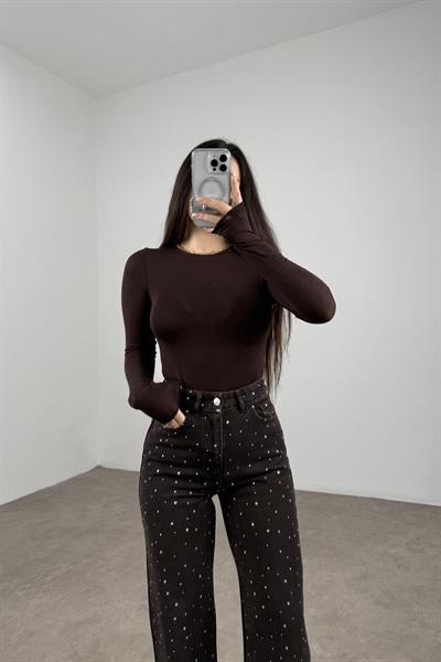 Sıfır Yaka Soft Kumaş Yarı Transparan Kahve Body