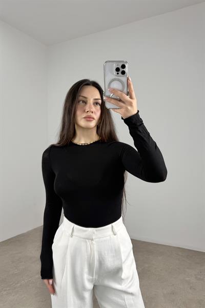 Sıfır Yaka Soft Kumaş Yarı Transparan Siyah Body