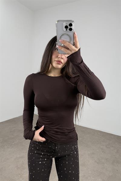 Sıfır Yaka Soft Kumaş Yarı Transparan Kahve Body