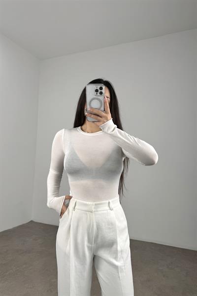 Sıfır Yaka Soft Kumaş Yarı Transparan Beyaz  Body