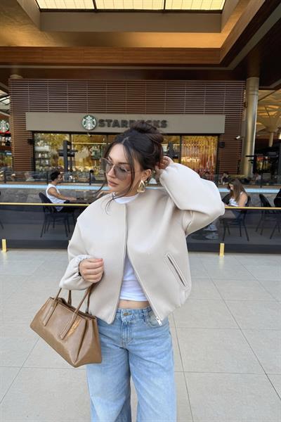 Sıfır Yaka Yün Karışımlı Premium Taş Bomber Ceket