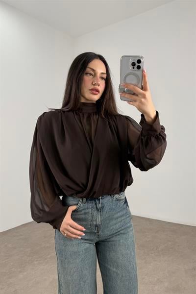 Şifon Katlı Boyundan Bağlama Detaylı Kahve Buz