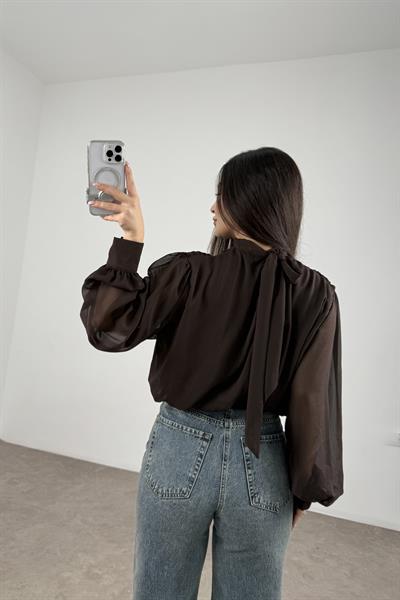 Şifon Katlı Boyundan Bağlama Detaylı Kahve Buz