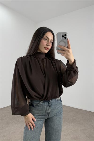 Şifon Katlı Boyundan Bağlama Detaylı Kahve Buz