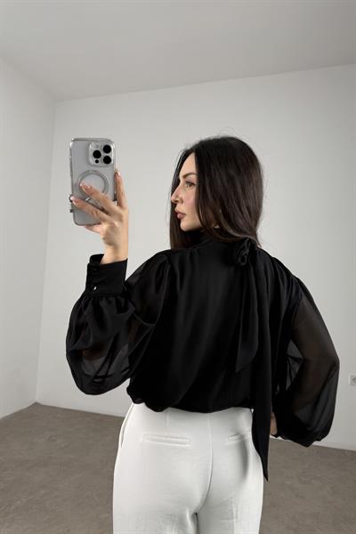 Şifon Katlı Boyundan Bağlama Detaylı Siyah Buz