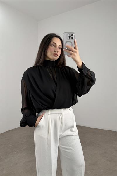 Şifon Katlı Boyundan Bağlama Detaylı Siyah Buz