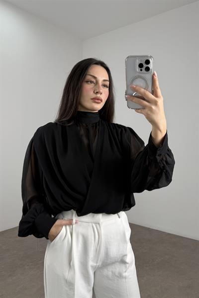 Şifon Katlı Boyundan Bağlama Detaylı Siyah Buz