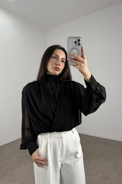 Şifon Katlı Boyundan Bağlama Detaylı Siyah Buz