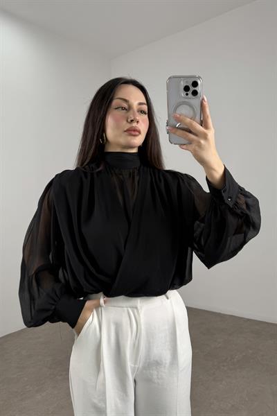 Şifon Katlı Boyundan Bağlama Detaylı Siyah Buz