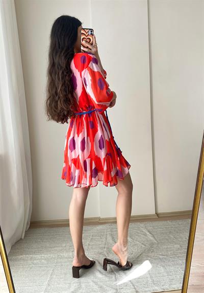 Şifon Mavi Kemer Detaylı Elbise