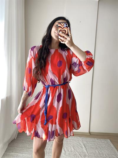 Şifon Mavi Kemer Detaylı Elbise