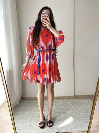 Şifon Mavi Kemer Detaylı Elbise