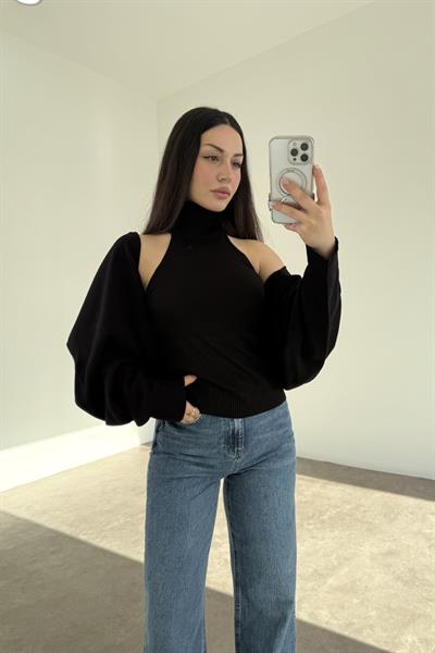 Siyah Halter Kesim Bluzlu Bolerolu Takım Üst