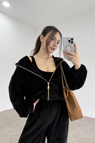 Siyah Kadife Büstiyerli Ceket Eşofman Takım