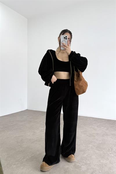 Siyah Kadife Büstiyerli Ceket Eşofman Takım