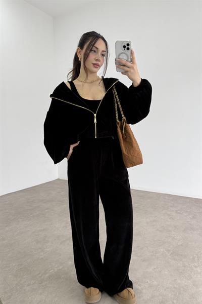 Siyah Kadife Büstiyerli Ceket Eşofman Takım