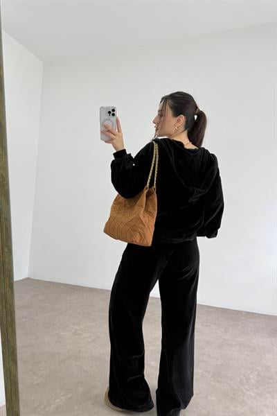 Siyah Kadife Büstiyerli Ceket Eşofman Takım