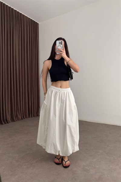 Spor Kesim Pamuklu Beyaz Midi Balon Etek