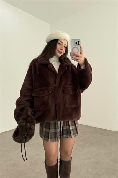 Square Cep Detaylı Yumoş Acı Kahve Kaban