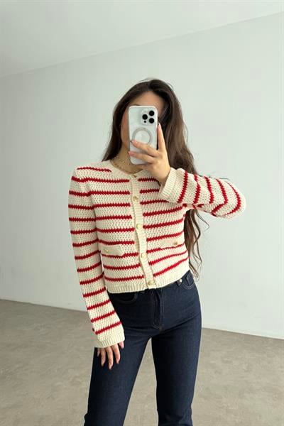 Strdvrs Gold Düğmeli Kırmızı Çizgili Hırka