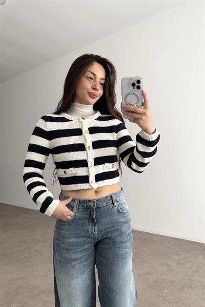 Strdvrs Gold Düğmeli Lacivet Çizgili Hırka