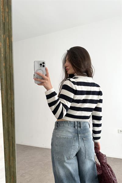 Strdvrs Gold Düğmeli Lacivet Çizgili Hırka