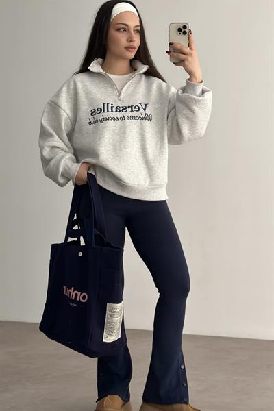 Versailles İşlemeli Fermuarlı Gri Sweatshirt