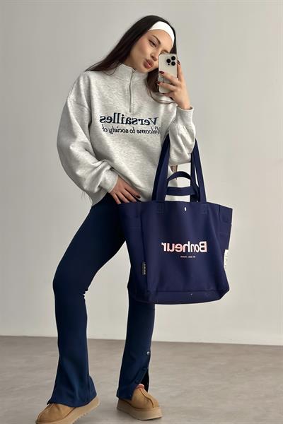 Versailles İşlemeli Fermuarlı Gri Sweatshirt