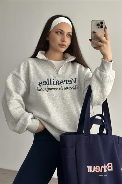 Versailles İşlemeli Fermuarlı Gri Sweatshirt