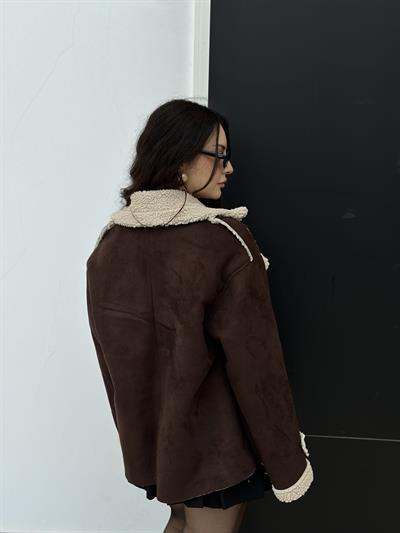 Süet İçi Teddy Kürklü Kahve Mont