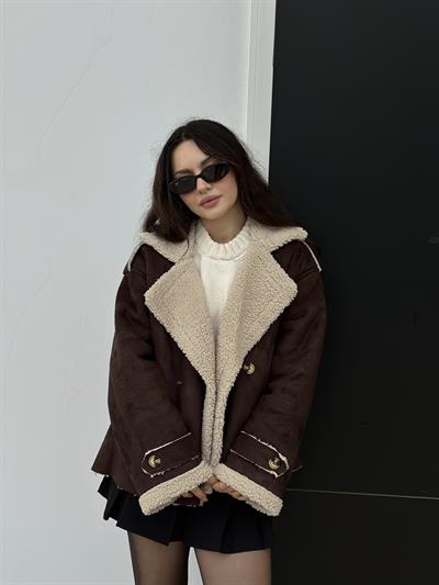 Süet İçi Teddy Kürklü Kahve Mont