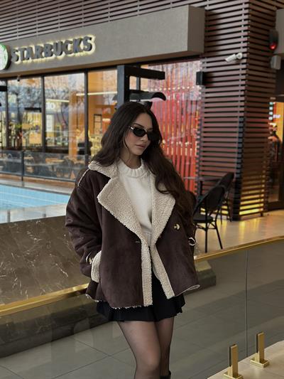 Süet İçi Teddy Kürklü Kahve Mont