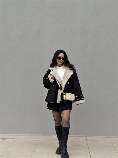 Süet İçi Teddy Kürklü Siyah Mont