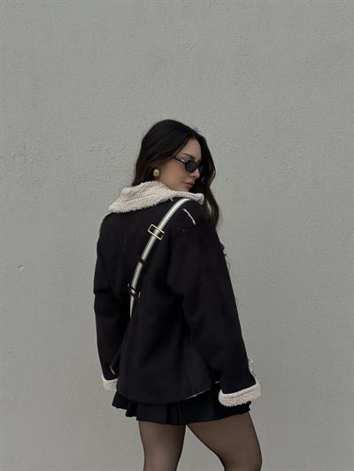 Süet İçi Teddy Kürklü Siyah Mont