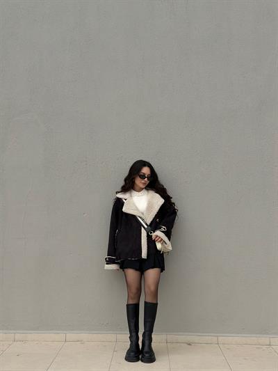 Süet İçi Teddy Kürklü Siyah Mont