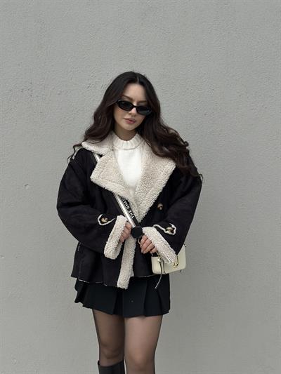 Süet İçi Teddy Kürklü Siyah Mont