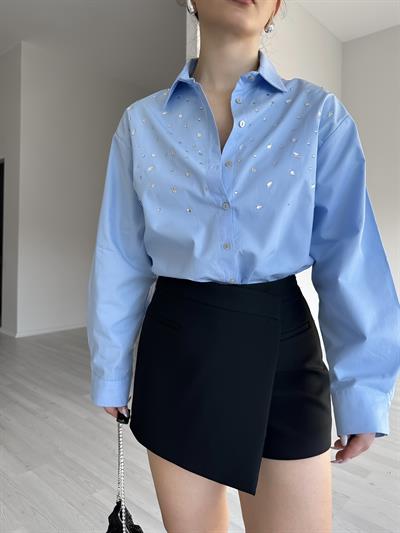 Taş Detaylı Mavi Poplin Gömlek