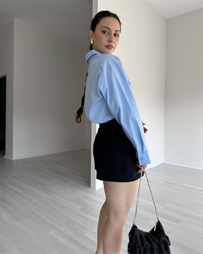 Taş Detaylı Mavi Poplin Gömlek