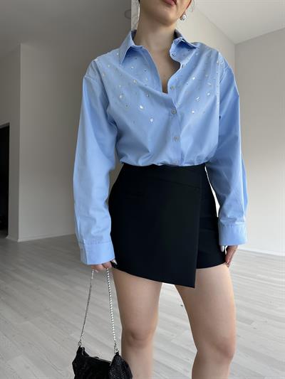 Taş Detaylı Mavi Poplin Gömlek